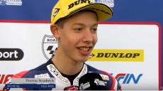 #08 Thomas Strudwick's reaction after winning race 1 in Donington Park